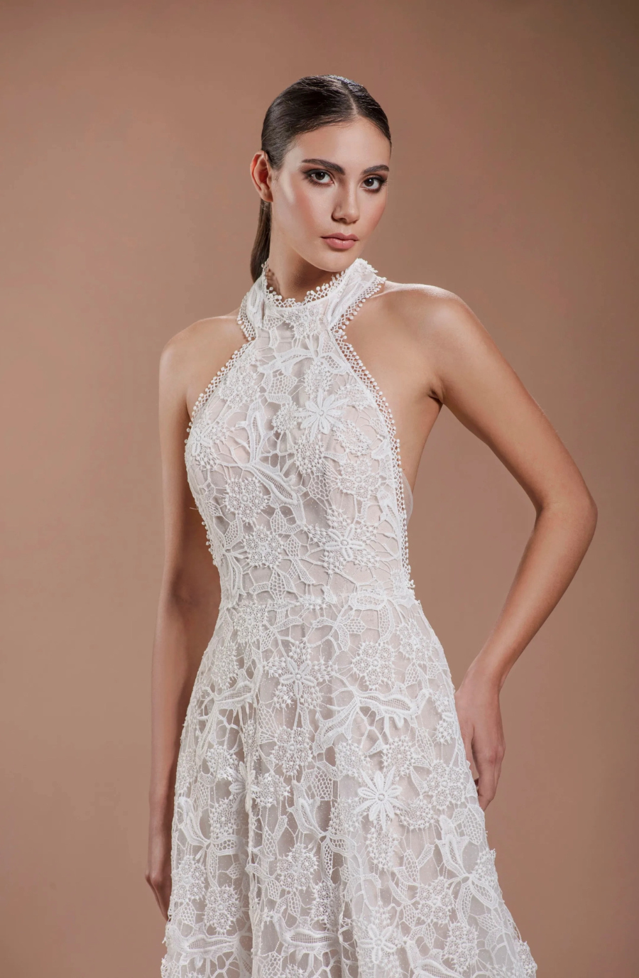 model is wearing a sleeveless high neckline allover lace wedding dress