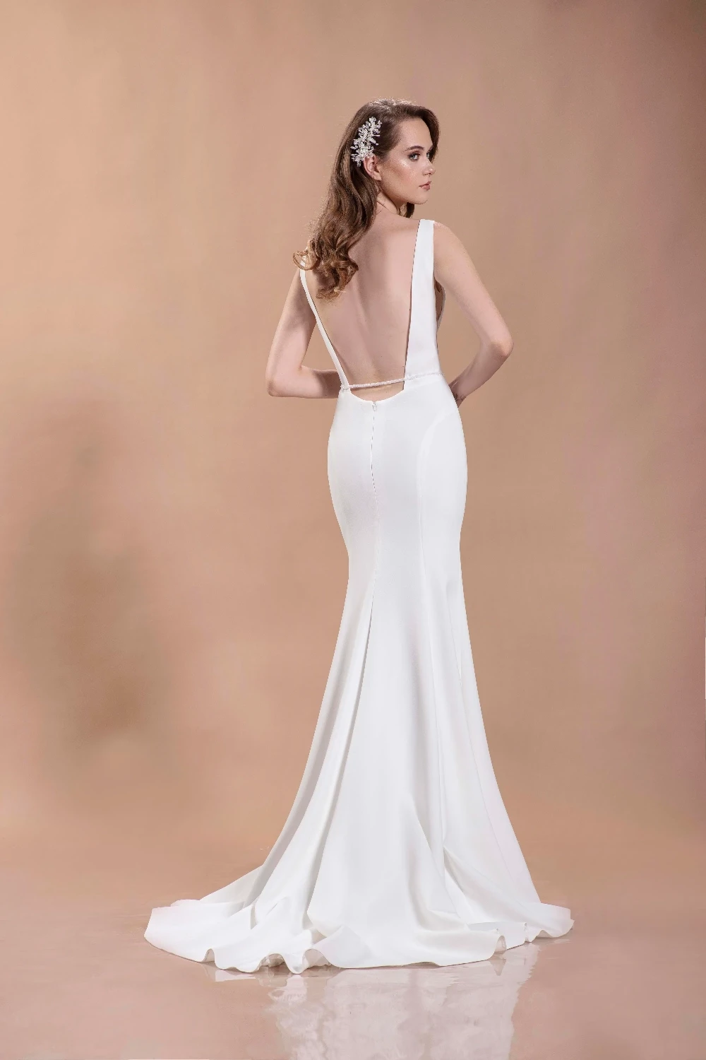 Boat Neck Open Low Back Mermaid with Crystal Beaded Belt and Stiletto Cut Outs