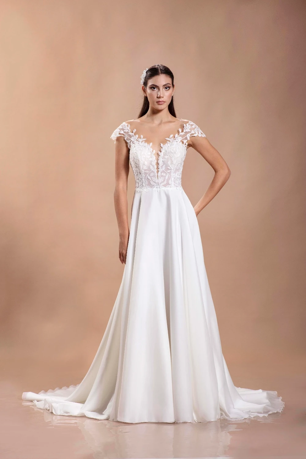Leaf Lace Illusion Neck Chiffon A-Line Beach Wedding Dress