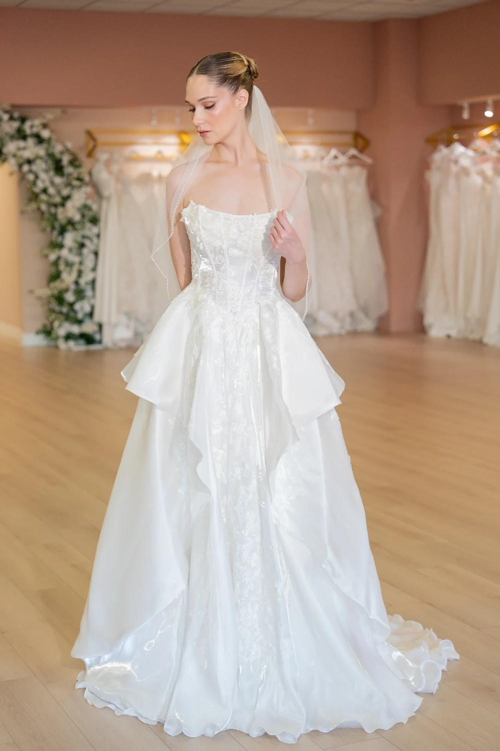 Strapless Lace Corset Ballgown With Tiered Organza Skirt
