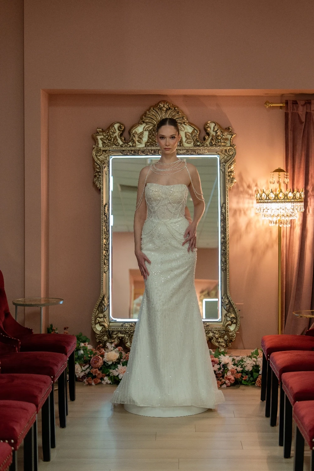 Fully Hand-Beaded, Vintage Fit And Flare With Chandelier Strings Of Pearls