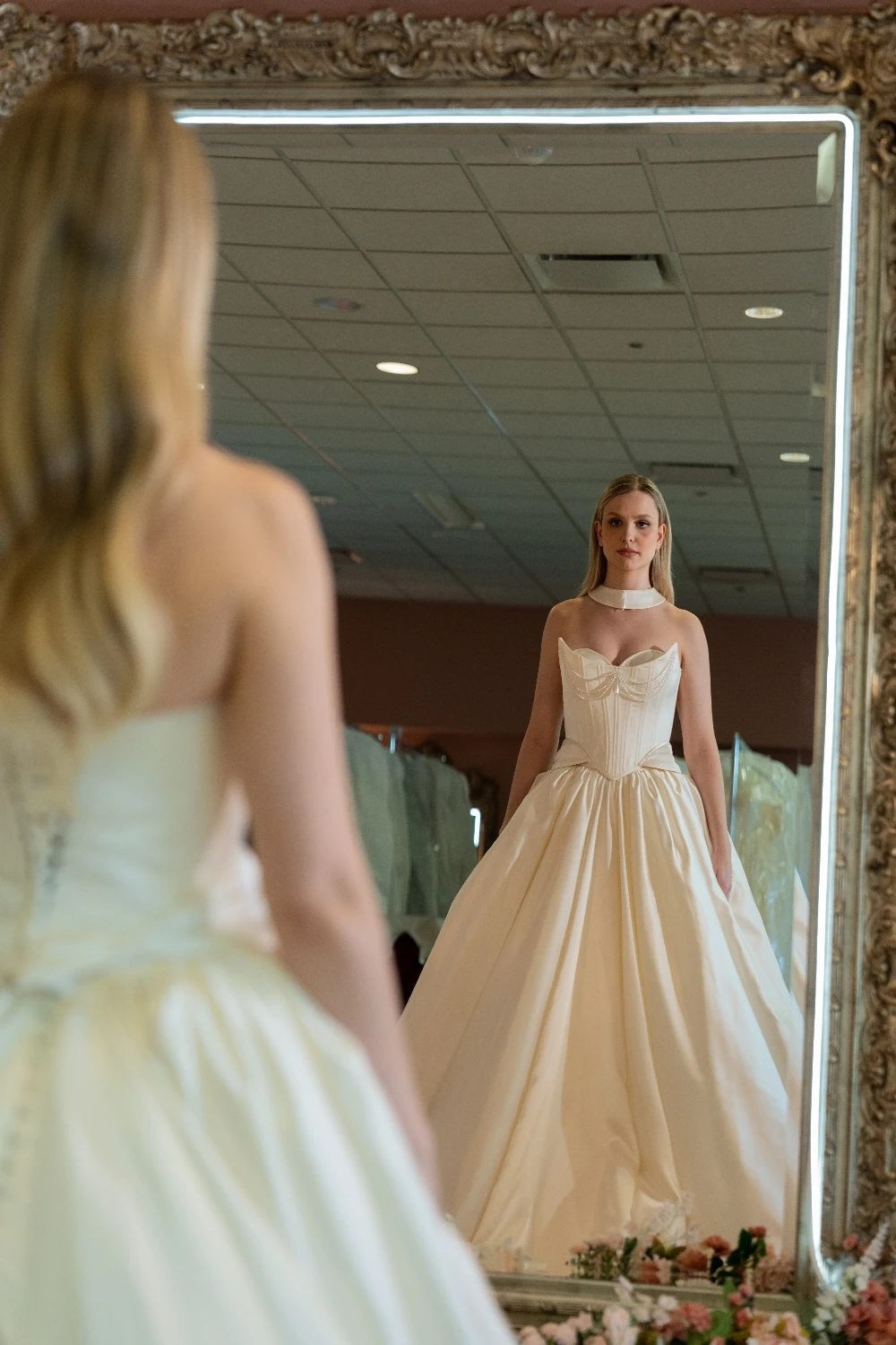 Jana Ann Couture 26165 satin ballgown in an ornate mirror.